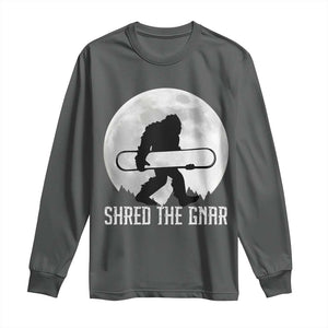 Funny Bigfoot Snowboarding Long Sleeve Shirt Shred The Gnar Moon Snowboard TS11 Dark Heather Print Your Wear