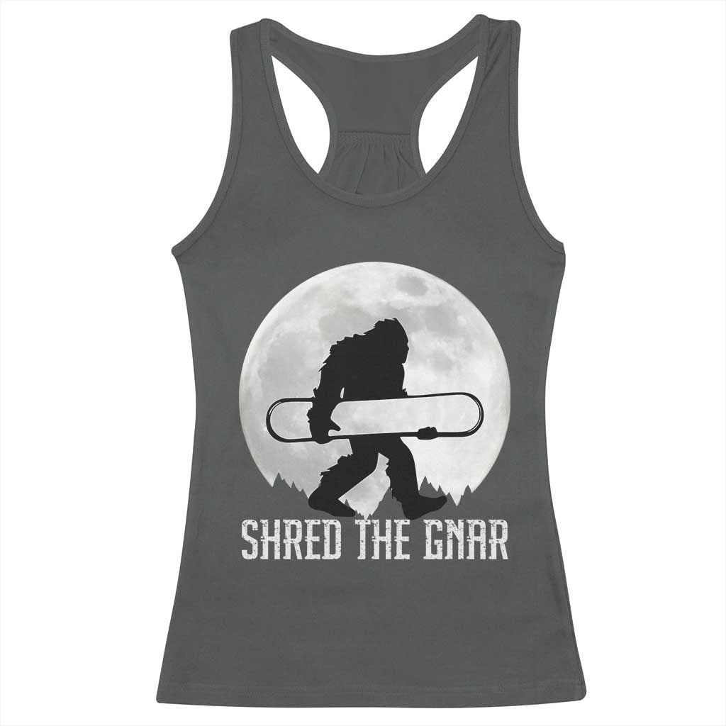 Funny Bigfoot Snowboarding Racerback Tank Top Shred The Gnar Moon Snowboard TS11 Dark Heather Print Your Wear
