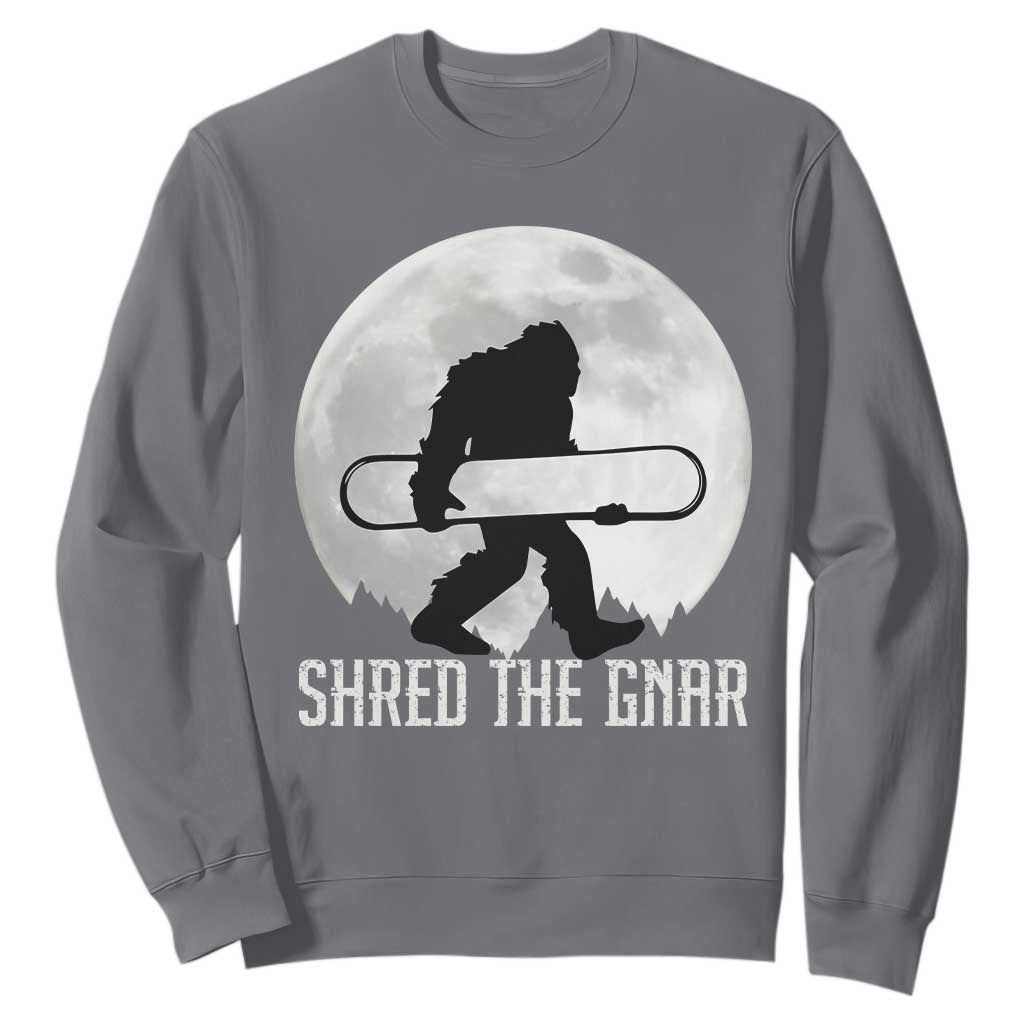 Funny Bigfoot Snowboarding Sweatshirt Shred The Gnar Moon Snowboard TS11 Charcoal Print Your Wear