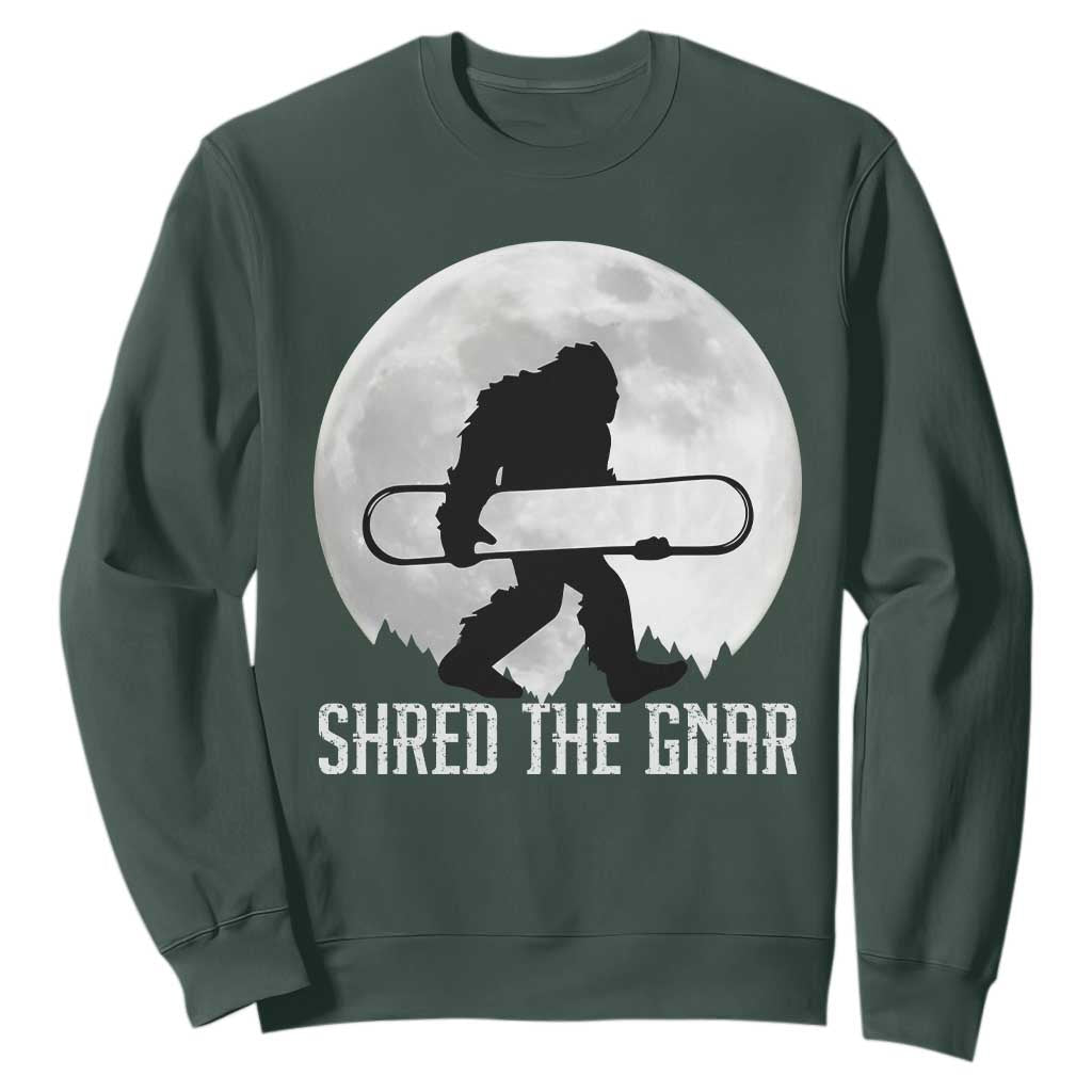Funny Bigfoot Snowboarding Sweatshirt Shred The Gnar Moon Snowboard TS11 Dark Forest Green Print Your Wear