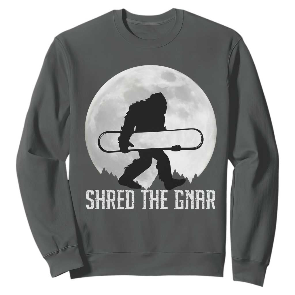 Funny Bigfoot Snowboarding Sweatshirt Shred The Gnar Moon Snowboard TS11 Dark Heather Print Your Wear