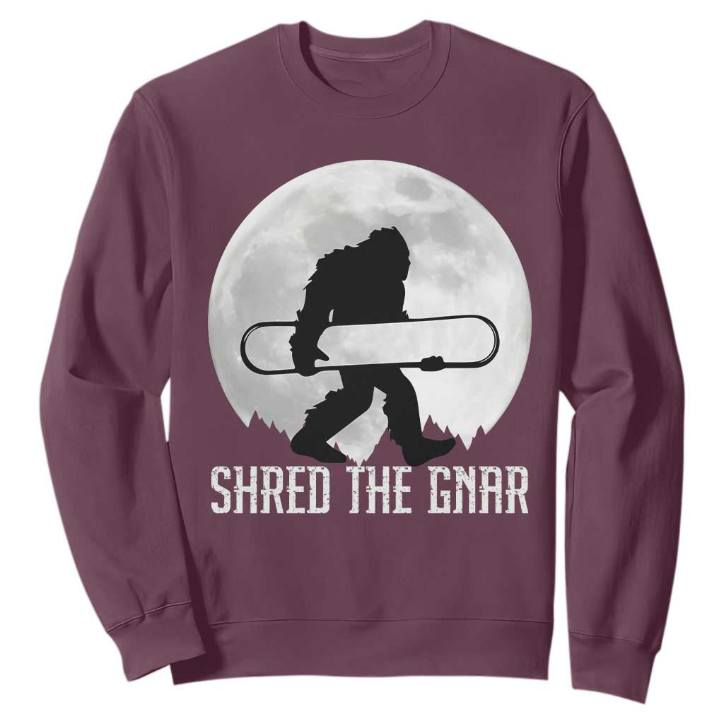 Funny Bigfoot Snowboarding Sweatshirt Shred The Gnar Moon Snowboard TS11 Maroon Print Your Wear