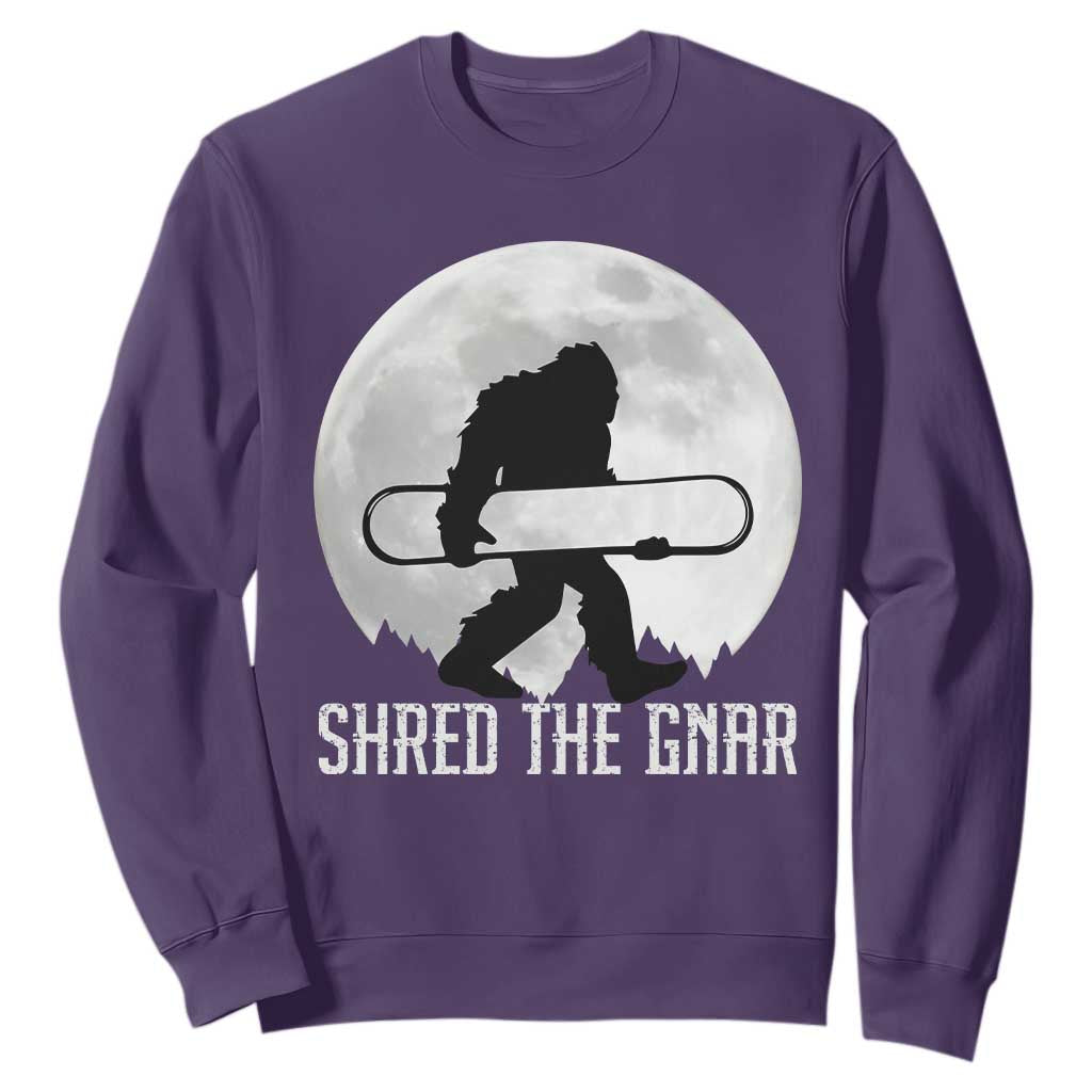 Funny Bigfoot Snowboarding Sweatshirt Shred The Gnar Moon Snowboard TS11 Purple Print Your Wear