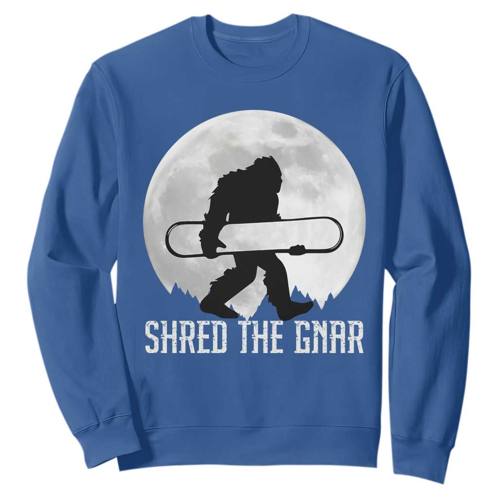 Funny Bigfoot Snowboarding Sweatshirt Shred The Gnar Moon Snowboard TS11 Royal Blue Print Your Wear