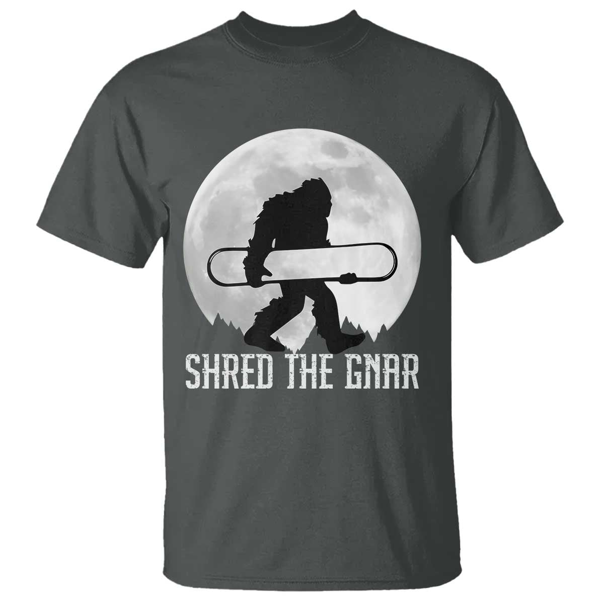 Funny Bigfoot Snowboarding T Shirt Shred The Gnar Moon Snowboard TS11 Dark Heather Print Your Wear