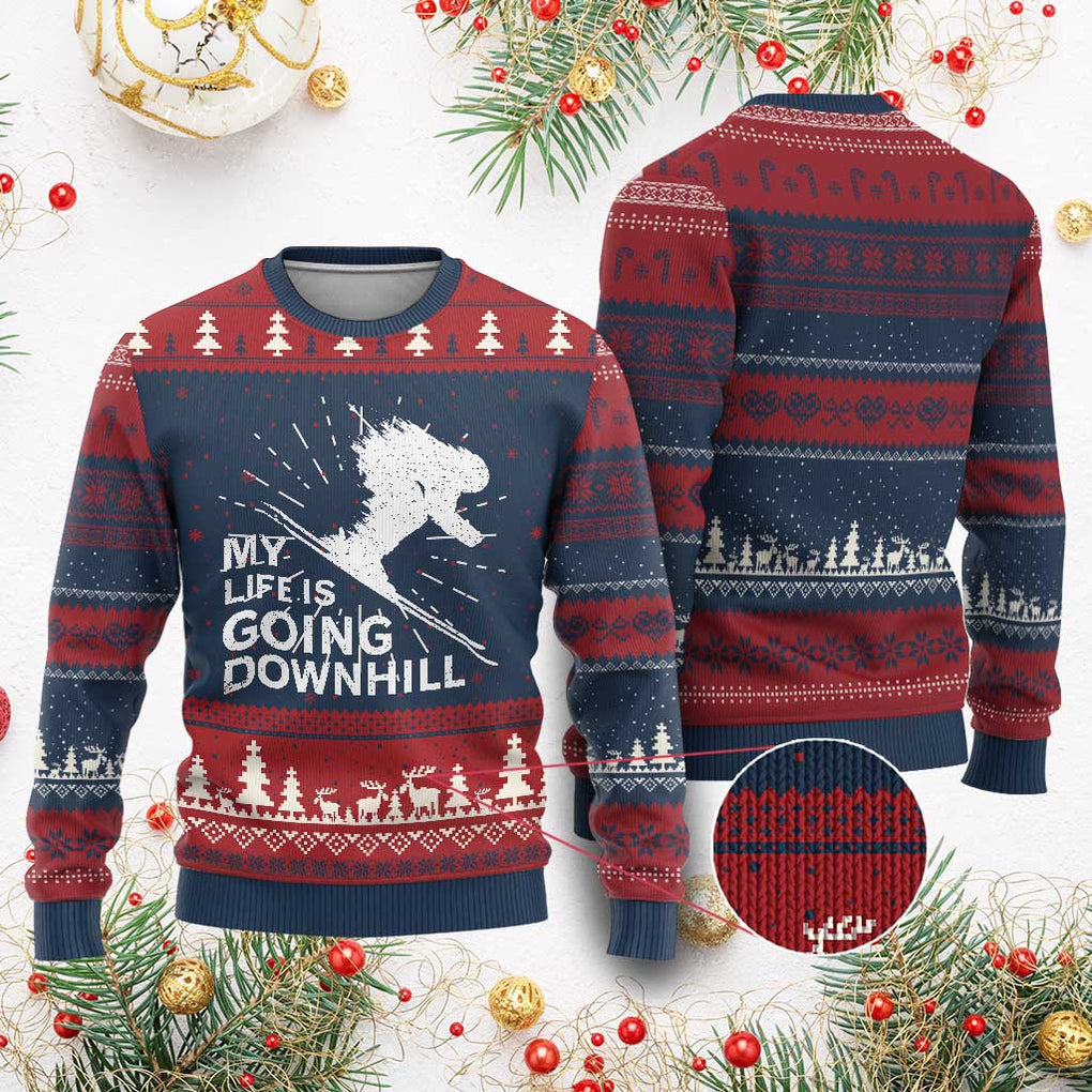 Funny Skiing Ugly Christmas Sweater My Life Is Going Downhill Skier TS11 Burgundy Print Your Wear