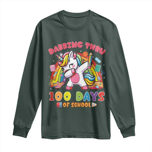 Funny Dabbing Thru 100 Days Of School Long Sleeve Shirt Dabbing Unicorn Rainbow TS11 Dark Forest Green Print Your Wear