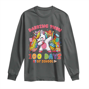 Funny Dabbing Thru 100 Days Of School Long Sleeve Shirt Dabbing Unicorn Rainbow TS11 Dark Heather Print Your Wear