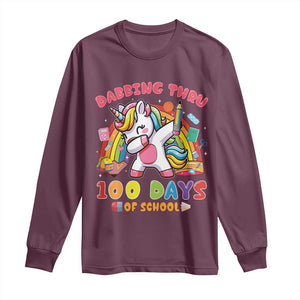 Funny Dabbing Thru 100 Days Of School Long Sleeve Shirt Dabbing Unicorn Rainbow TS11 Maroon Print Your Wear