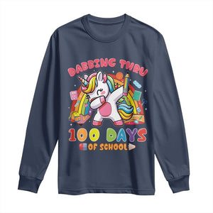 Funny Dabbing Thru 100 Days Of School Long Sleeve Shirt Dabbing Unicorn Rainbow TS11 Navy Print Your Wear