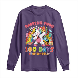 Funny Dabbing Thru 100 Days Of School Long Sleeve Shirt Dabbing Unicorn Rainbow TS11 Purple Print Your Wear