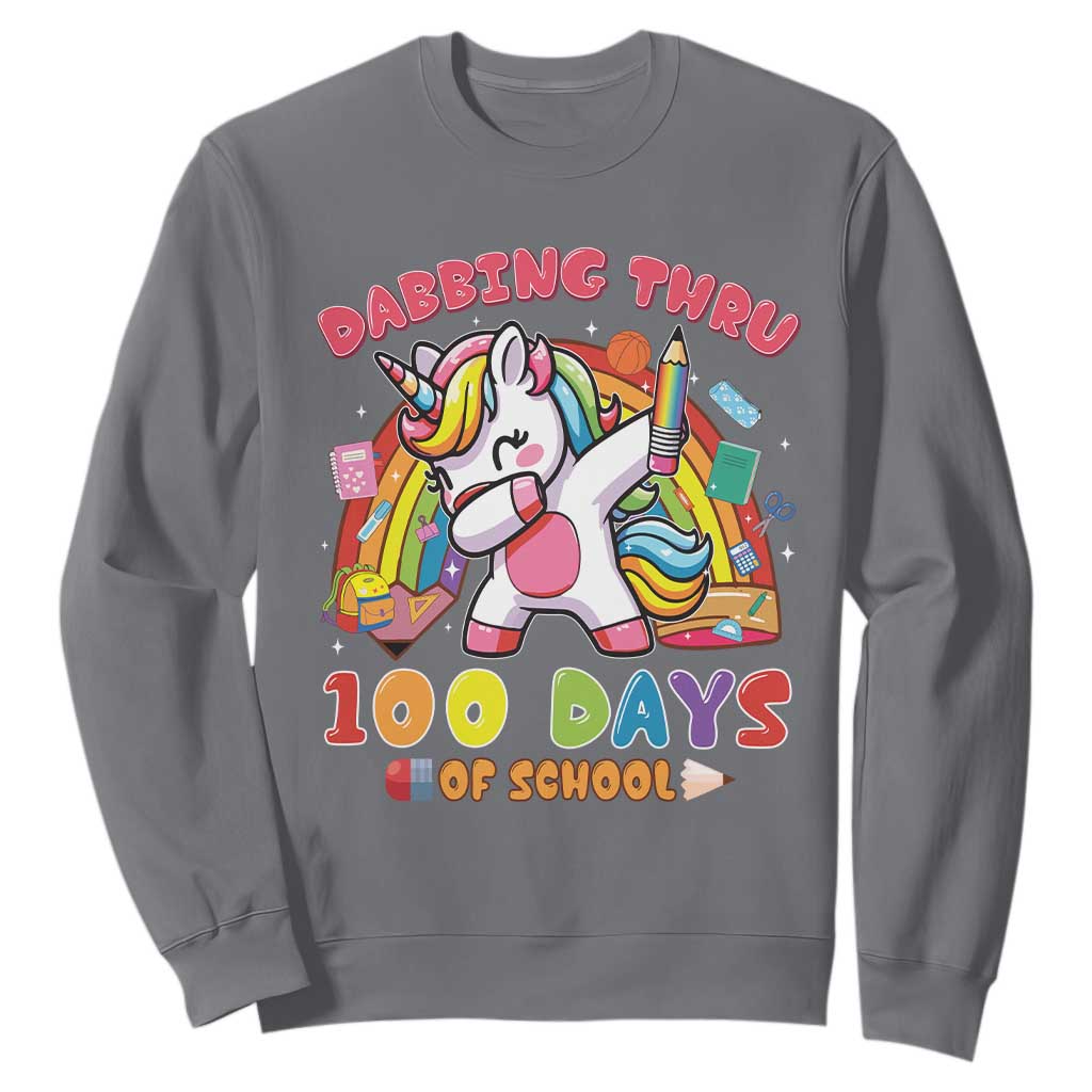 Funny Dabbing Thru 100 Days Of School Sweatshirt Dabbing Unicorn Rainbow TS11 Charcoal Print Your Wear