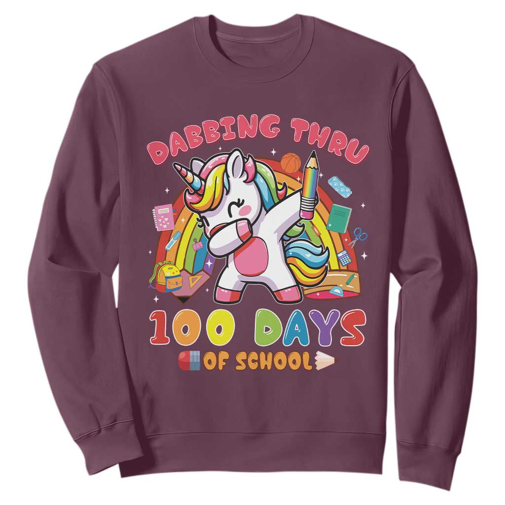 Funny Dabbing Thru 100 Days Of School Sweatshirt Dabbing Unicorn Rainbow TS11 Maroon Print Your Wear