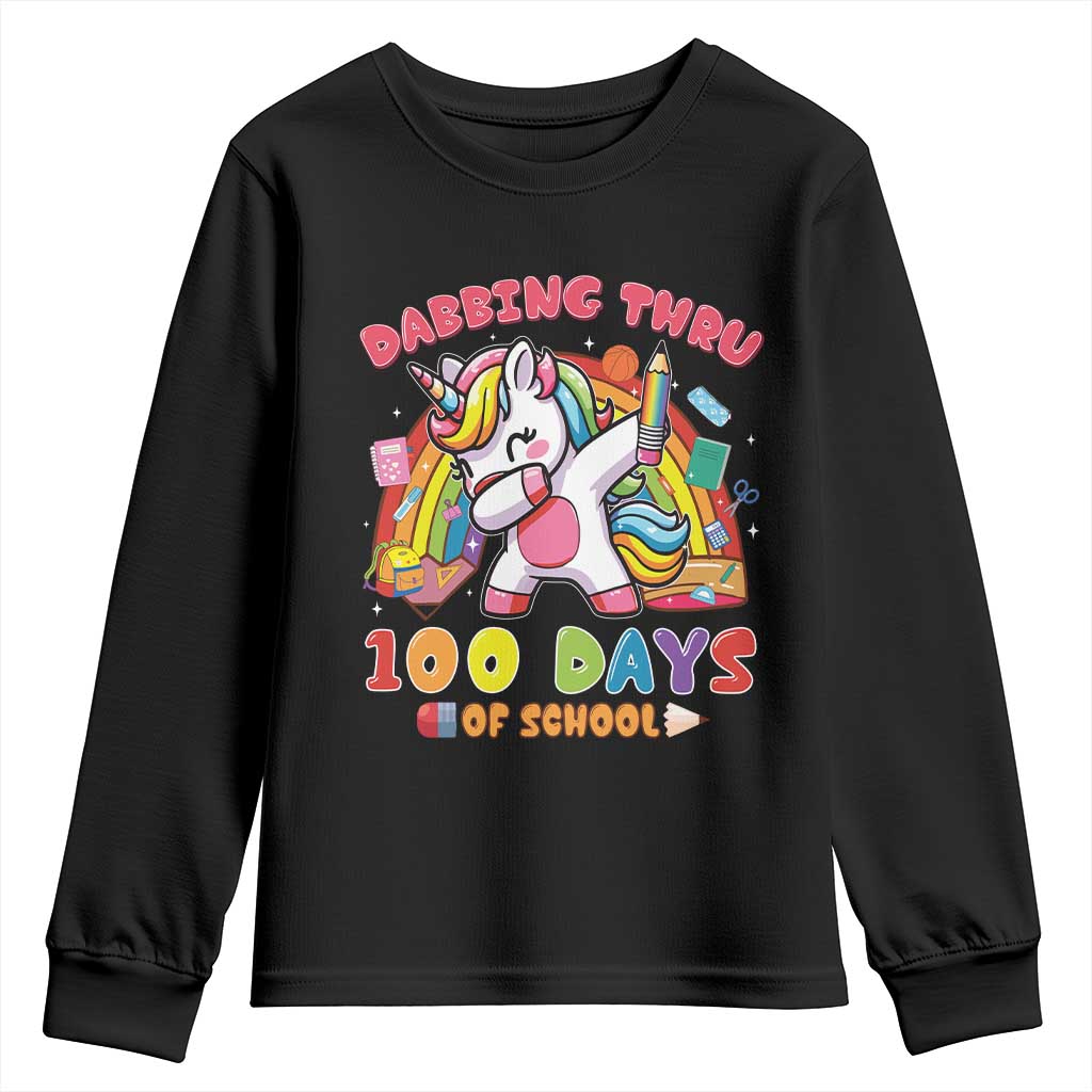 Funny Dabbing Thru 100 Days Of School Youth Sweatshirt Dabbing Unicorn Rainbow TS11 Black Print Your Wear