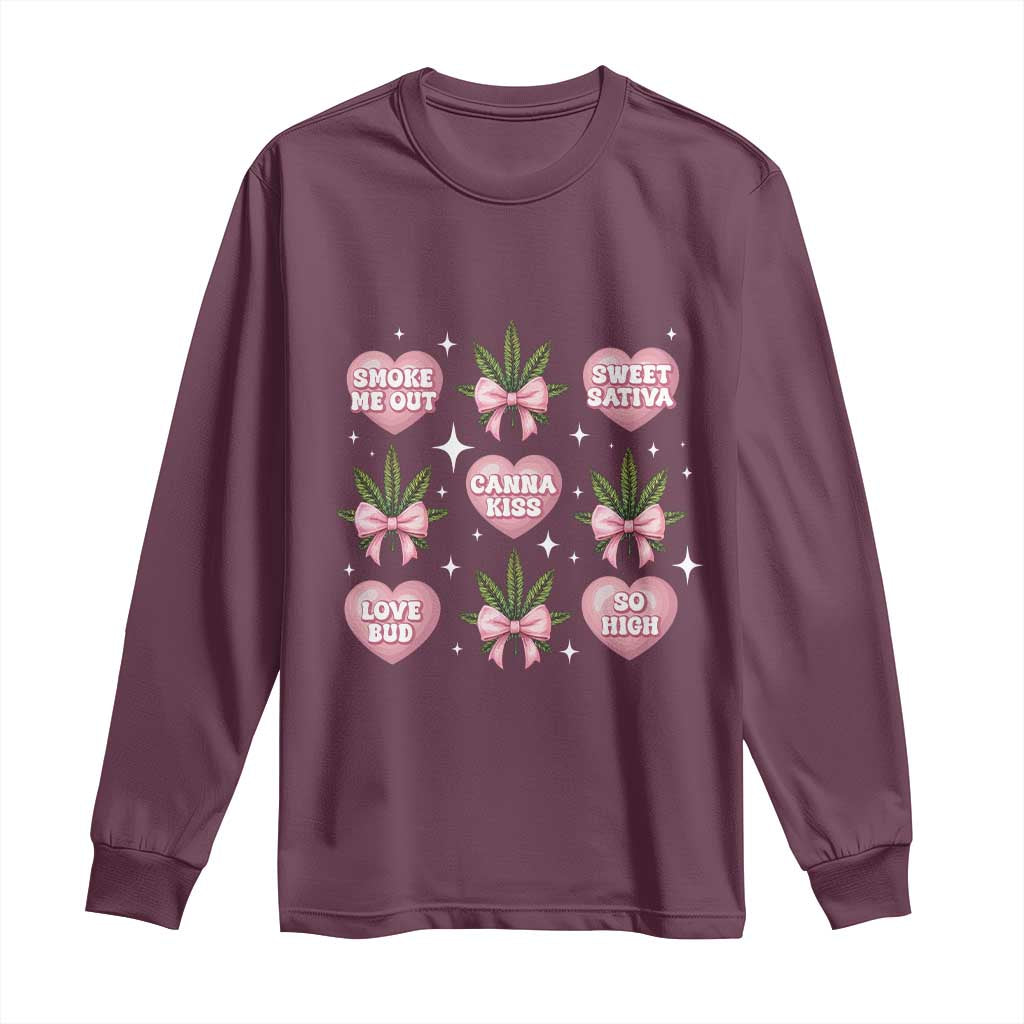 Funny Valentine's Day Weed Cannabis Marijuana Hearts Coquette Long Sleeve Shirt TS11 Maroon Print Your Wear