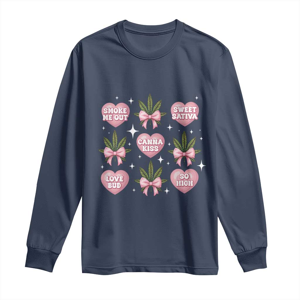 Funny Valentine's Day Weed Cannabis Marijuana Hearts Coquette Long Sleeve Shirt TS11 Navy Print Your Wear