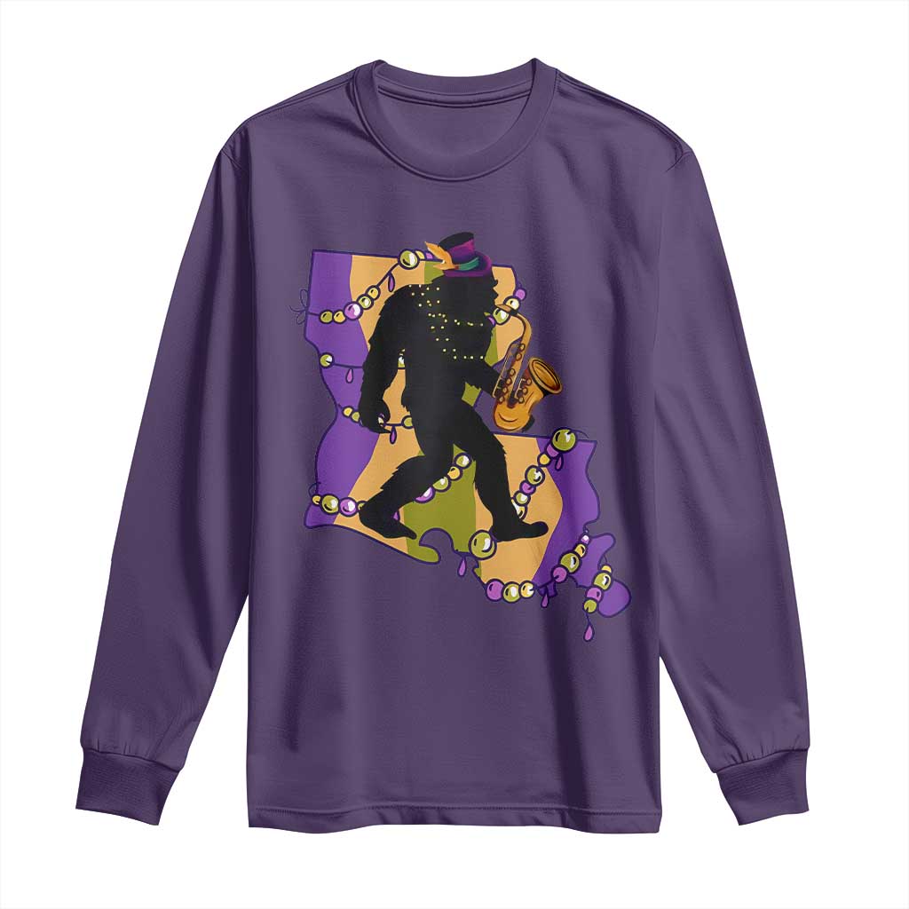 Funny Bigfoot Mardi Gras Louisiana Map Jazz Music Long Sleeve Shirt TS11 Purple Print Your Wear