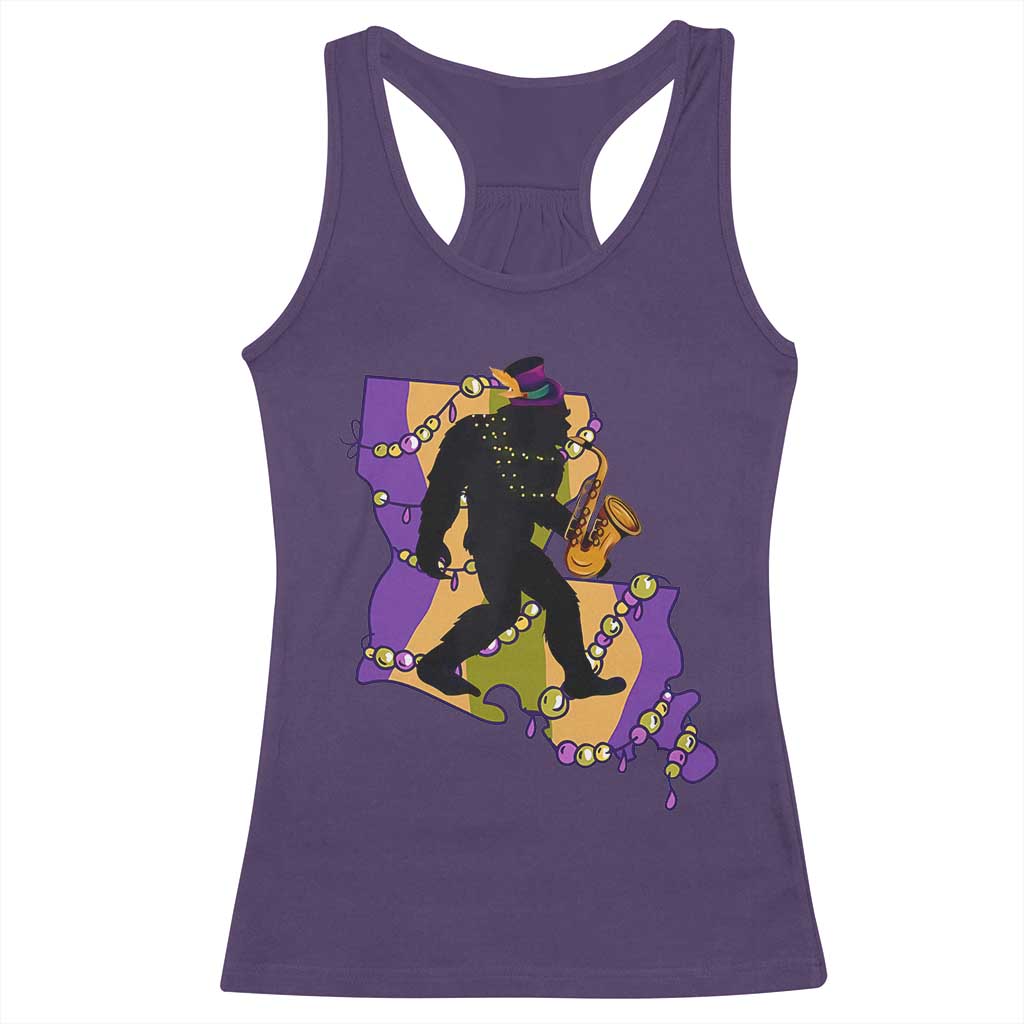 Funny Bigfoot Mardi Gras Louisiana Map Jazz Music Racerback Tank Top TS11 Purple Print Your Wear