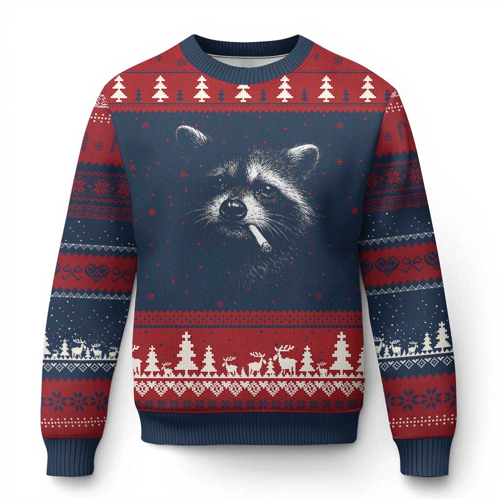 Funny Raccoon Smoking Cigarette Meme Ugly Christmas Sweater Trash Panda Face Y2K Graphic TS11 Navy Red Print Your Wear
