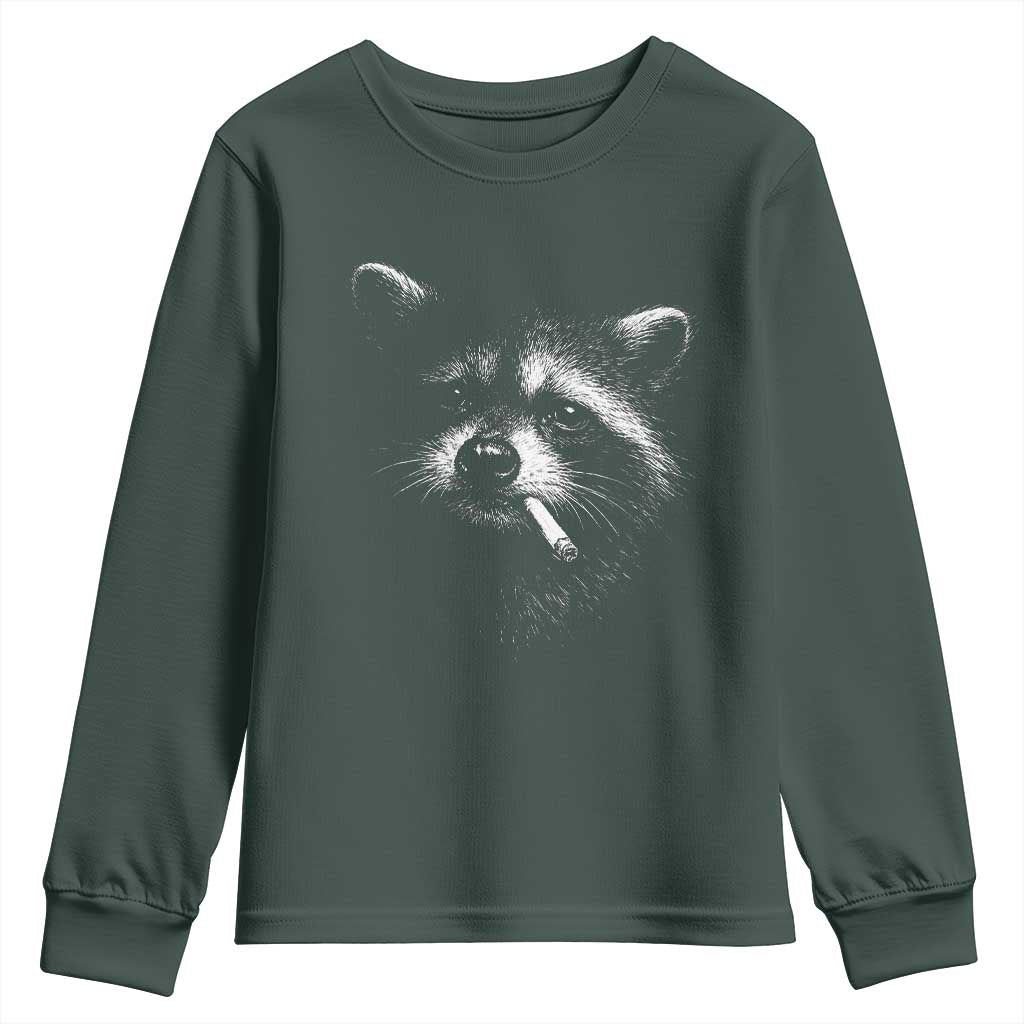 Funny Raccoon Smoking Cigarette Meme Youth Sweatshirt Trash Panda Face Y2K Graphic TS11 Dark Forest Green Print Your Wear