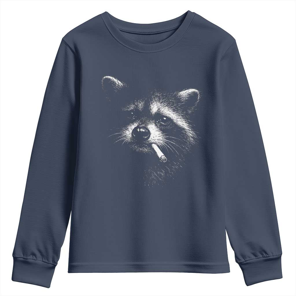 Funny Raccoon Smoking Cigarette Meme Youth Sweatshirt Trash Panda Face Y2K Graphic TS11 Navy Print Your Wear