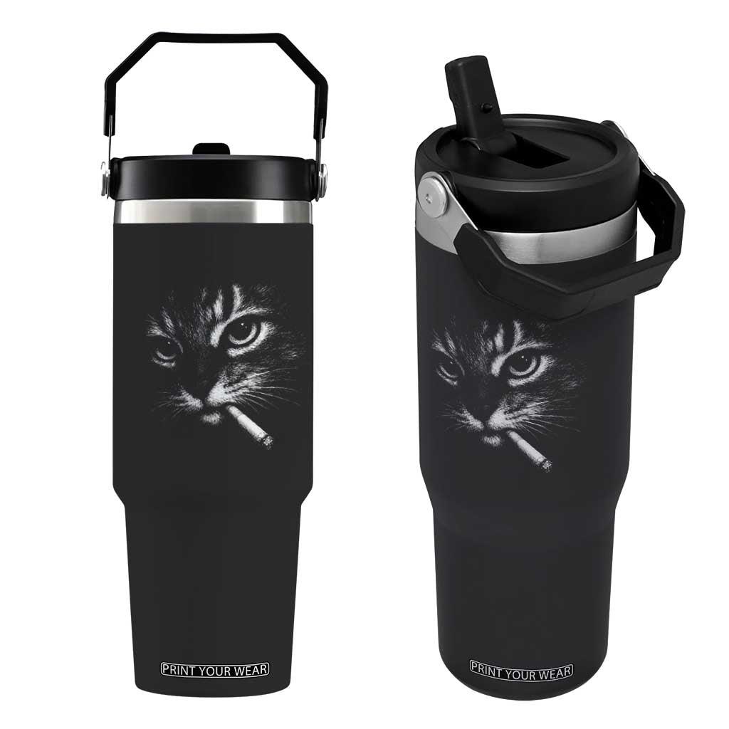 Funny Cat Smoking Cigarette Meme Flip Straw Tumbler Cat Face Y2K Graphic TS11 One Size: 30 oz Black Print Your Wear