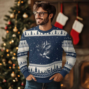 Funny Cat Smoking Cigarette Meme Ugly Christmas Sweater Cat Face Y2K Graphic TS11 Navy Beige Print Your Wear