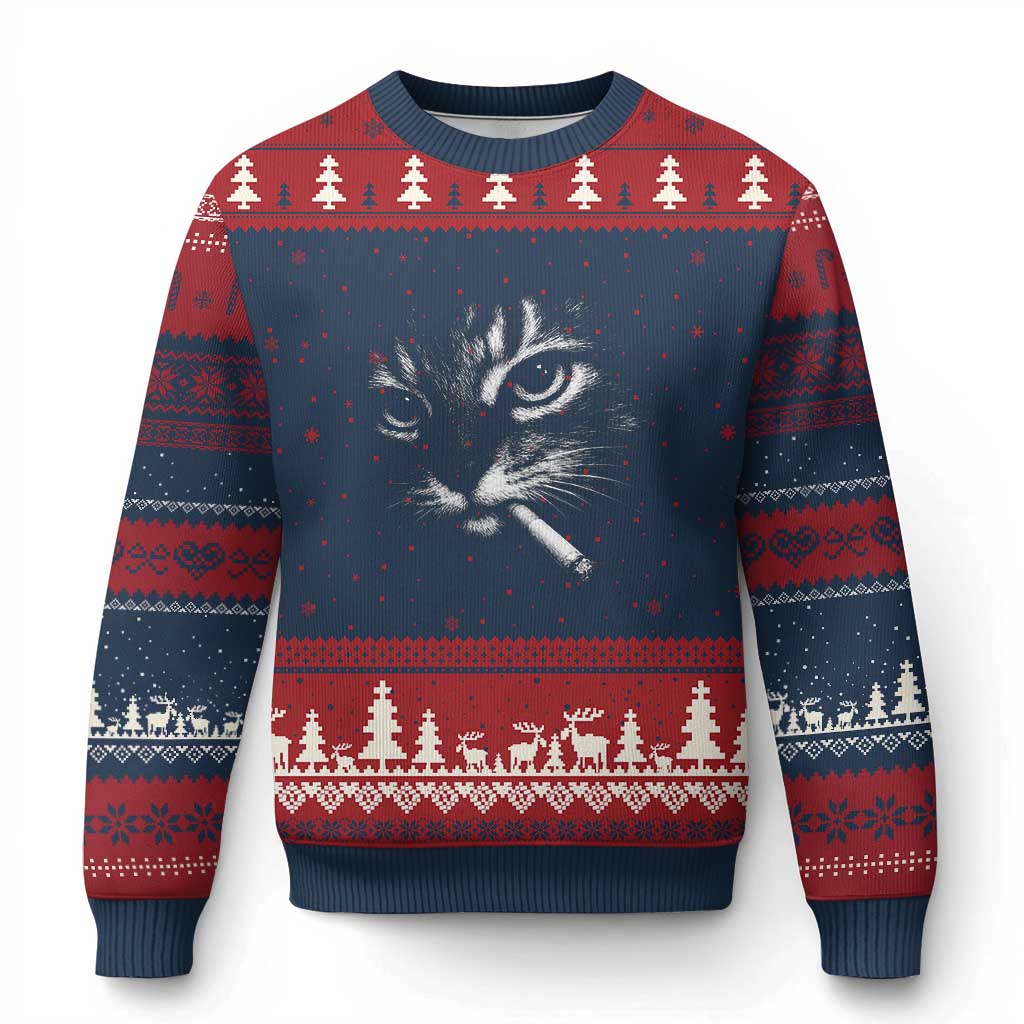Funny Cat Smoking Cigarette Meme Ugly Christmas Sweater Cat Face Y2K Graphic TS11 Navy Red Print Your Wear