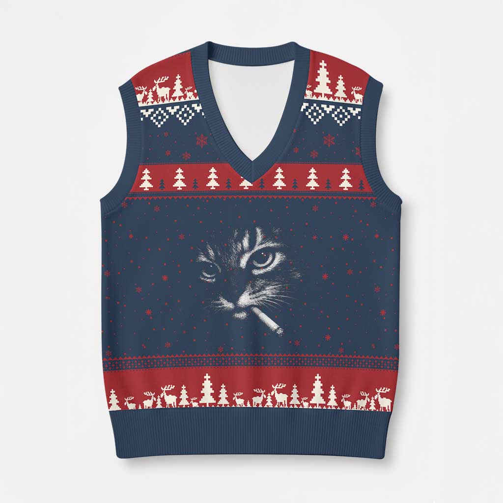 Funny Cat Smoking Cigarette Meme V-Neck Knit Sweater Vest Cat Face Y2K Graphic TS11 Navy Red Print Your Wear