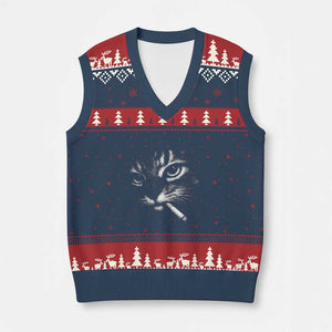 Funny Cat Smoking Cigarette Meme V-Neck Knit Sweater Vest Cat Face Y2K Graphic TS11 Navy Red Print Your Wear