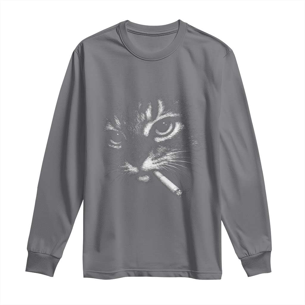 Funny Cat Smoking Cigarette Meme Long Sleeve Shirt Cat Face Y2K Graphic TS11 Charcoal Print Your Wear