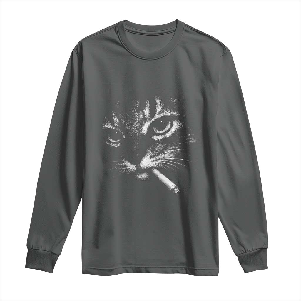 Funny Cat Smoking Cigarette Meme Long Sleeve Shirt Cat Face Y2K Graphic TS11 Dark Heather Print Your Wear