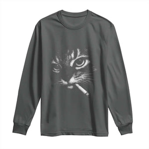 Funny Cat Smoking Cigarette Meme Long Sleeve Shirt Cat Face Y2K Graphic TS11 Dark Heather Print Your Wear