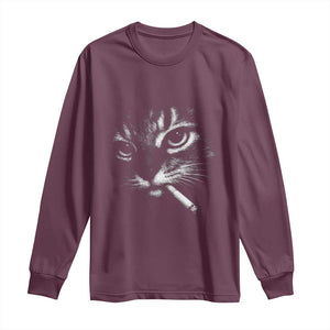 Funny Cat Smoking Cigarette Meme Long Sleeve Shirt Cat Face Y2K Graphic TS11 Maroon Print Your Wear