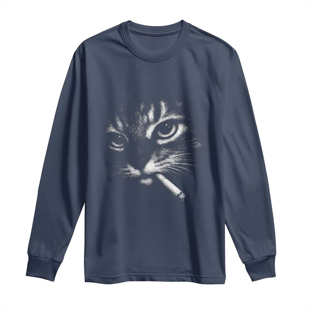 Funny Cat Smoking Cigarette Meme Long Sleeve Shirt Cat Face Y2K Graphic TS11 Navy Print Your Wear