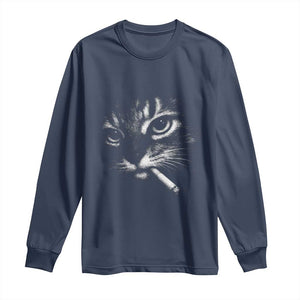 Funny Cat Smoking Cigarette Meme Long Sleeve Shirt Cat Face Y2K Graphic TS11 Navy Print Your Wear