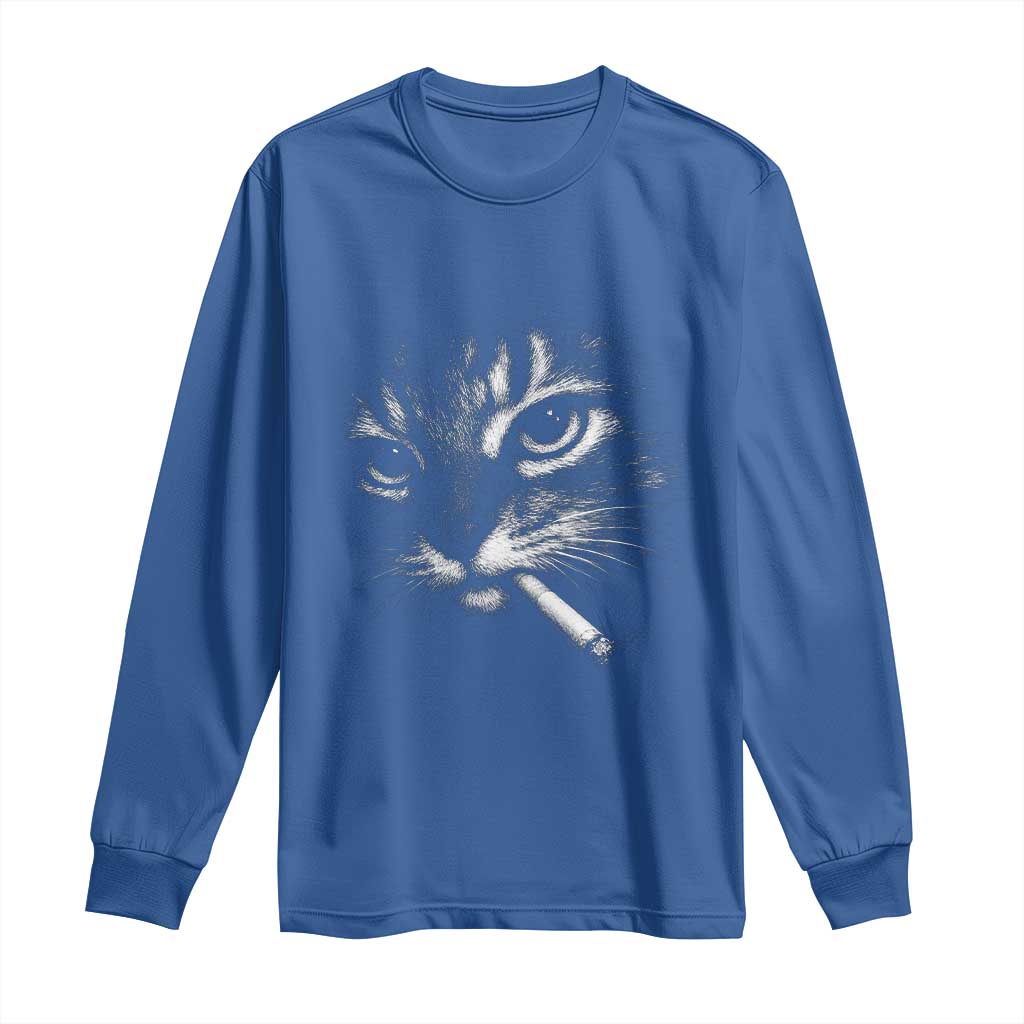 Funny Cat Smoking Cigarette Meme Long Sleeve Shirt Cat Face Y2K Graphic TS11 Royal Blue Print Your Wear
