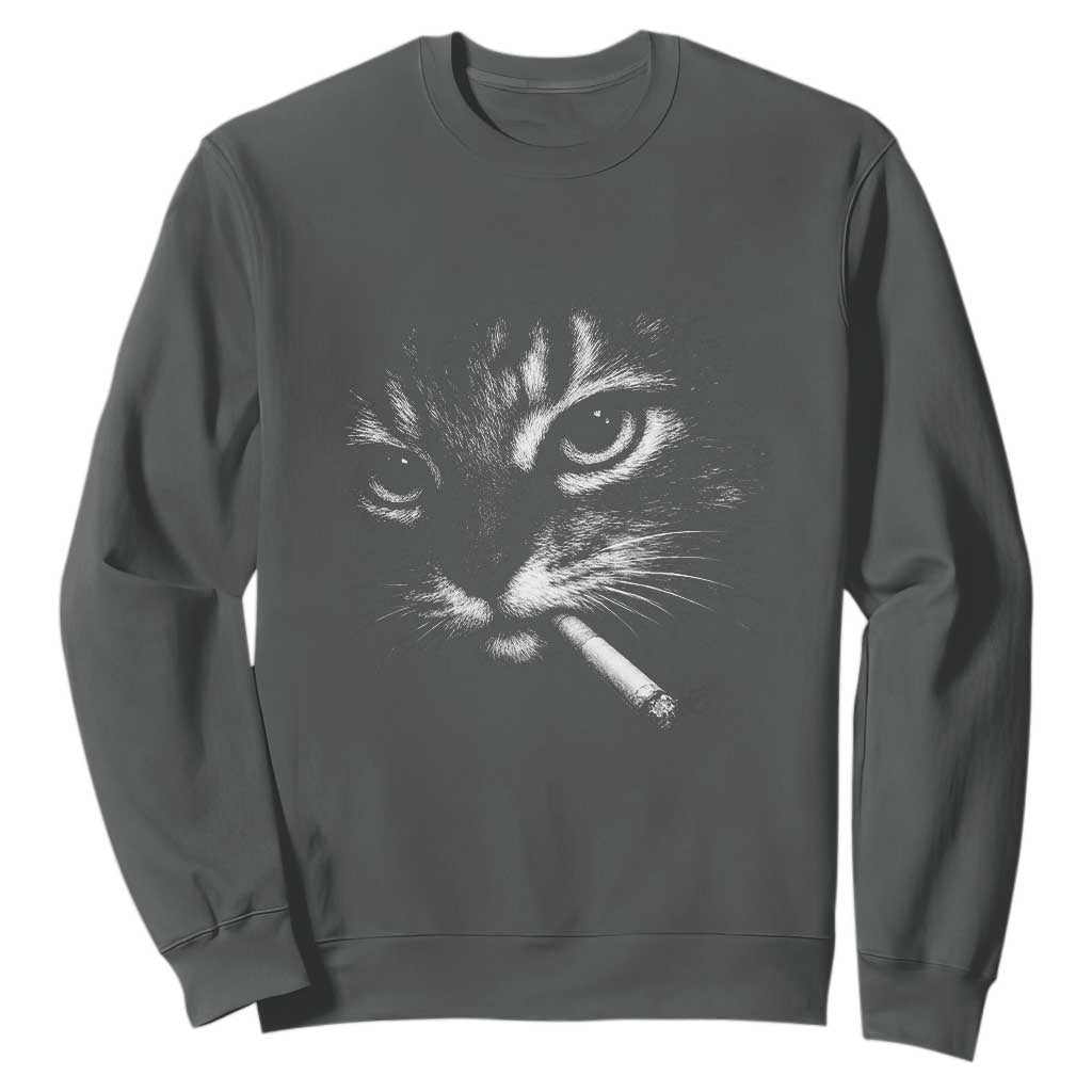 Funny Cat Smoking Cigarette Meme Sweatshirt Cat Face Y2K Graphic TS11 Dark Heather Print Your Wear