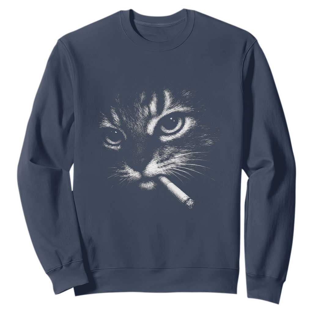 Funny Cat Smoking Cigarette Meme Sweatshirt Cat Face Y2K Graphic TS11 Navy Print Your Wear