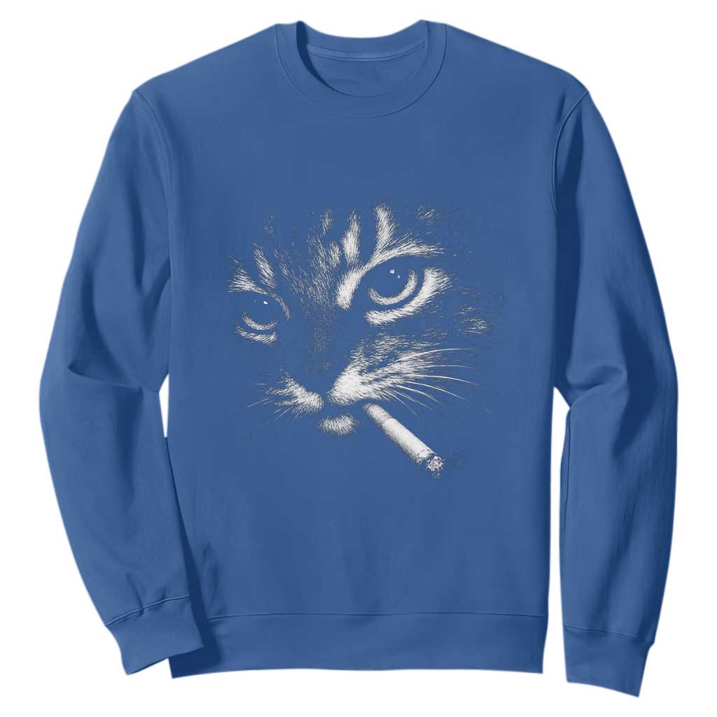 Funny Cat Smoking Cigarette Meme Sweatshirt Cat Face Y2K Graphic TS11 Royal Blue Print Your Wear