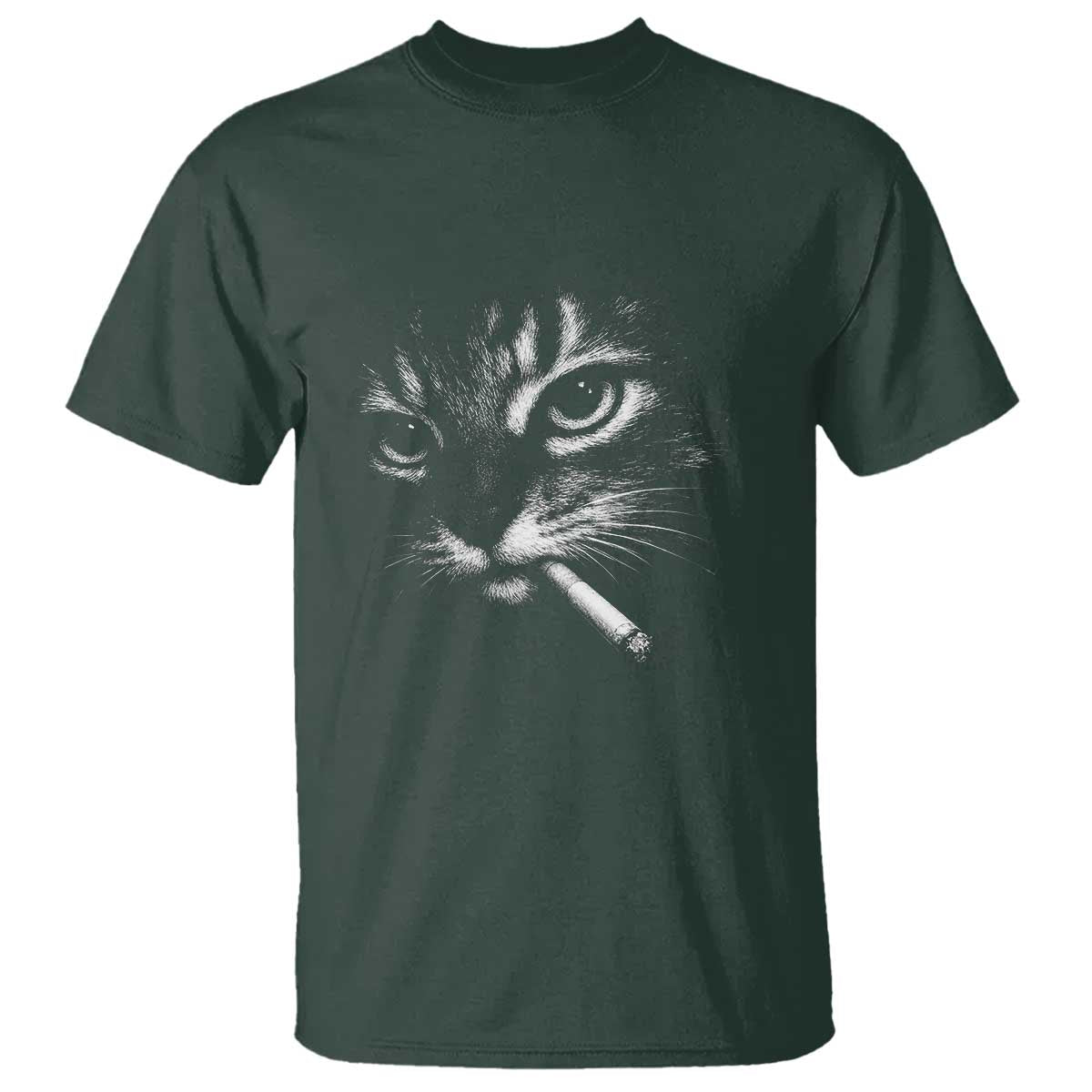 Funny Cat Smoking Cigarette Meme T Shirt Cat Face Y2K Graphic TS11 Dark Forest Green Print Your Wear