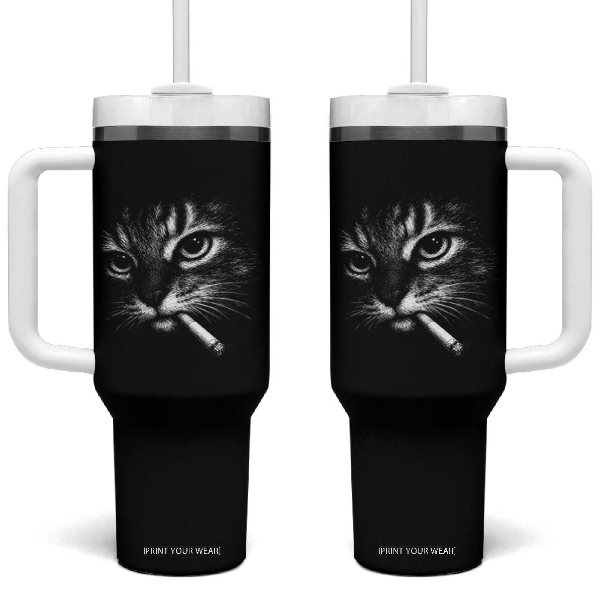 Funny Cat Smoking Cigarette Meme Tumbler With Handle Cat Face Y2K Graphic TS11 One Size: 40 oz Black Print Your Wear
