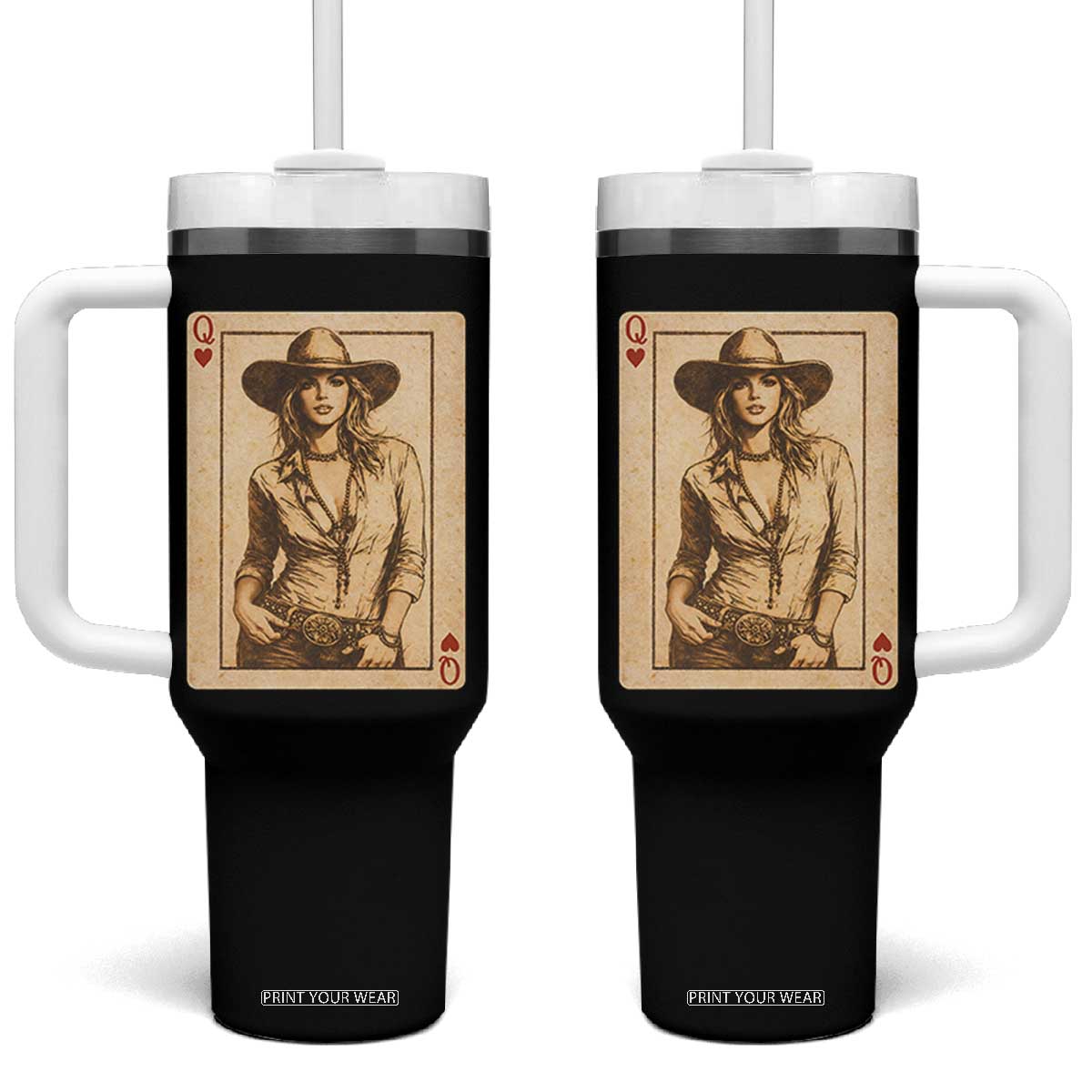 Funny Western Valentine Cowgirl Queen of Hearts Card Tumbler With Handle TS11 One Size: 40 oz Black Print Your Wear