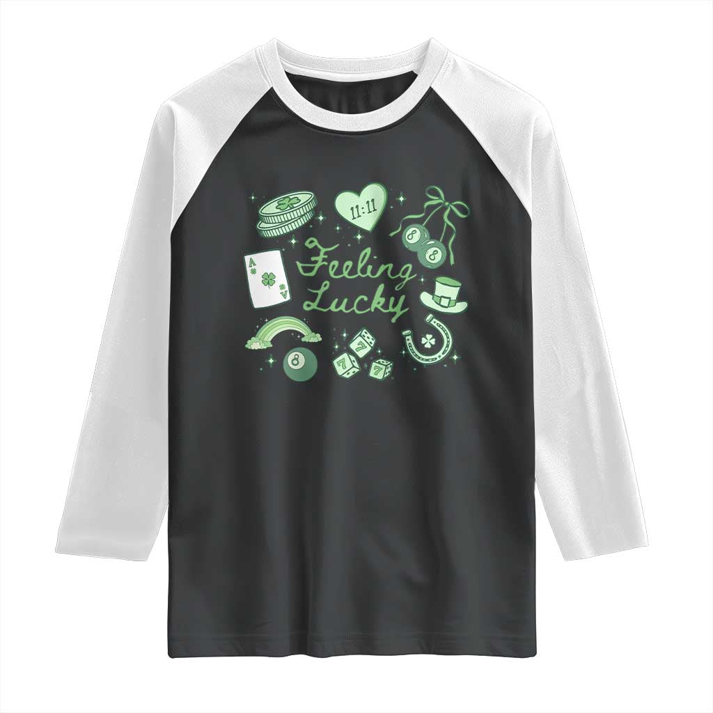 Feeling Lucky St Patricks Day Coquette Shamrock Raglan Shirt TS11 Black White Print Your Wear