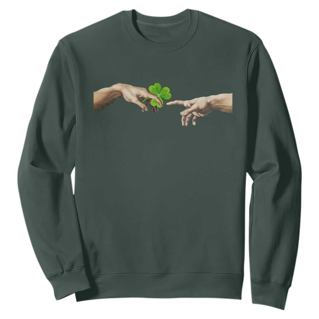 Funny St Patricks Day Shamrock The Creation of Adam Meme Sweatshirt TS11 Dark Forest Green Print Your Wear