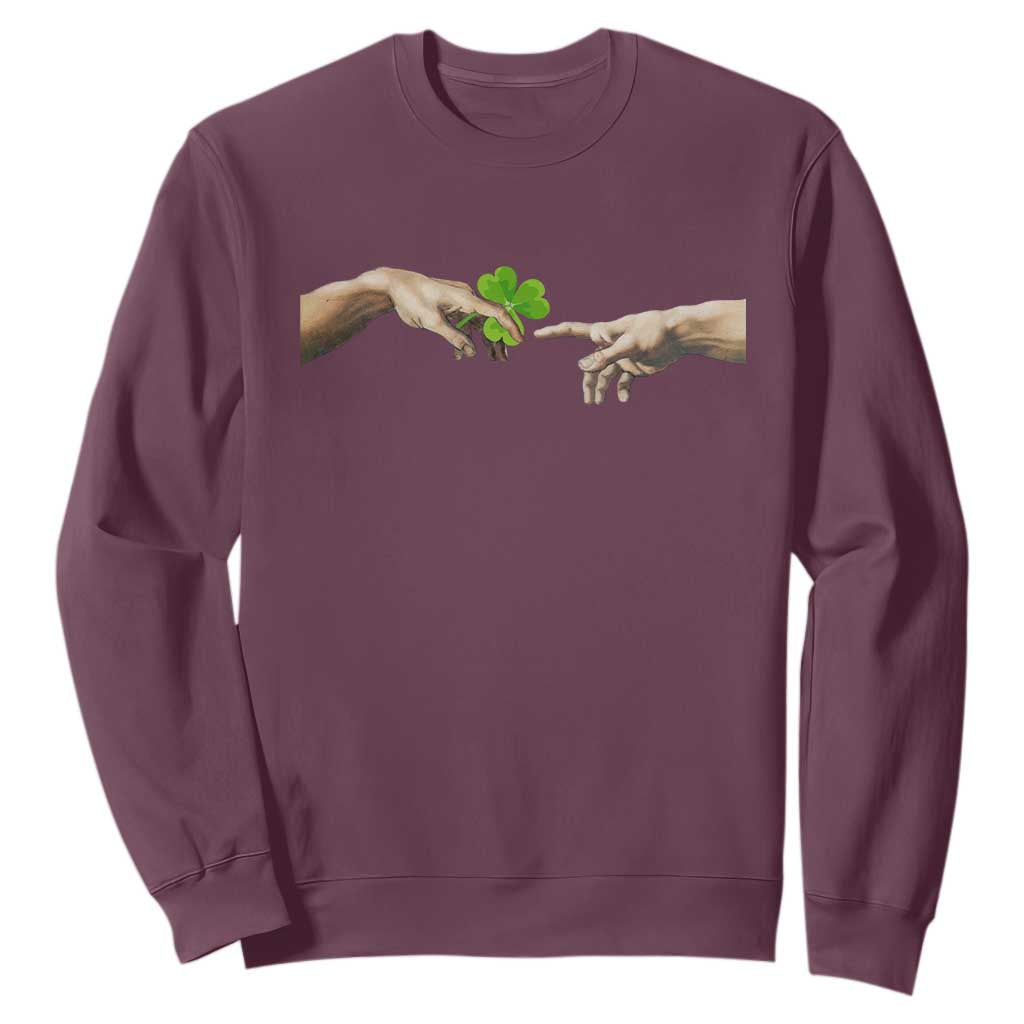 Funny St Patricks Day Shamrock The Creation of Adam Meme Sweatshirt TS11 Maroon Print Your Wear