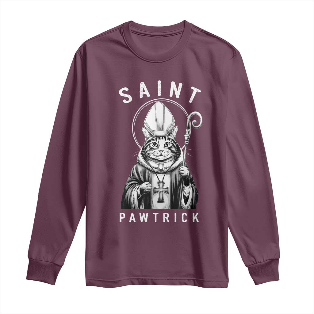 Funny St Patrick's Day Cat Long Sleeve Shirt Saint Pawtrick TS11 Maroon Print Your Wear