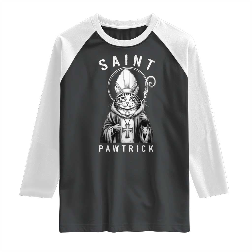 Funny St Patrick's Day Cat Raglan Shirt Saint Pawtrick TS11 Black White Print Your Wear
