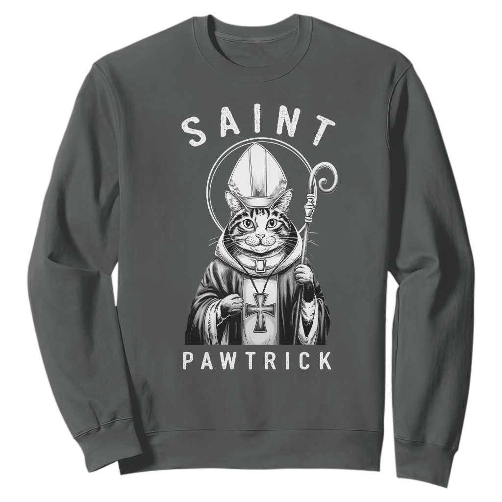 Funny St Patrick's Day Cat Sweatshirt Saint Pawtrick TS11 Dark Heather Print Your Wear