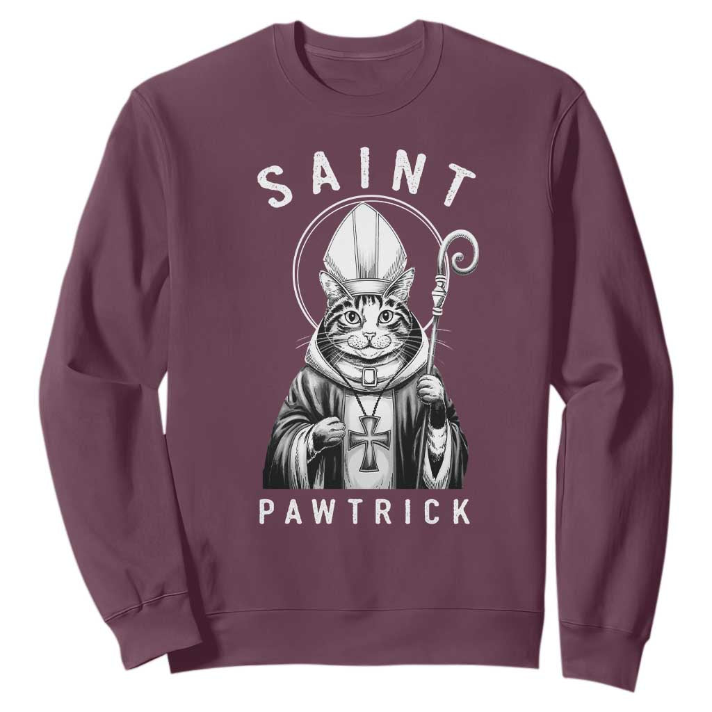 Funny St Patrick's Day Cat Sweatshirt Saint Pawtrick TS11 Maroon Print Your Wear